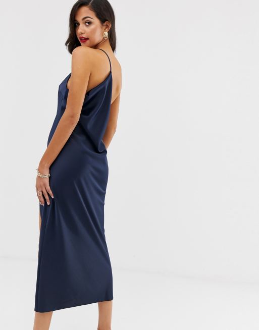 Asos design one shoulder midaxi 2024 dress in satin with drape back