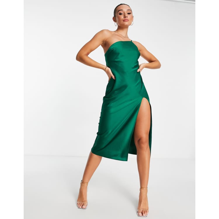 Emerald Green Satin One Shoulder Tie Waist Asymmetric Hem Midi Dress