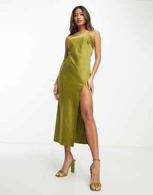 Asos Design One Shoulder Satin Midi Dress In Olive-green In Gold