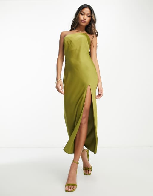 ASOS DESIGN one shoulder satin midi dress in olive