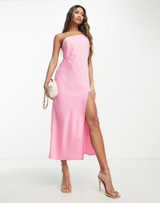 Asos Design One Shoulder Satin Midi Dress In Pink