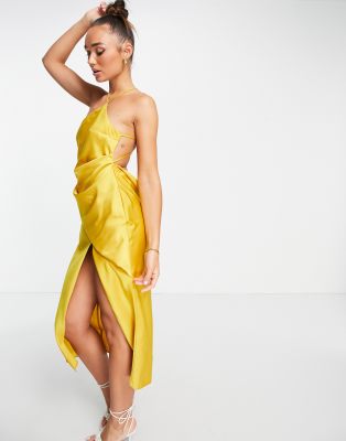 ASOS DESIGN one shoulder satin midi dress with drape bodice detail-Yellow