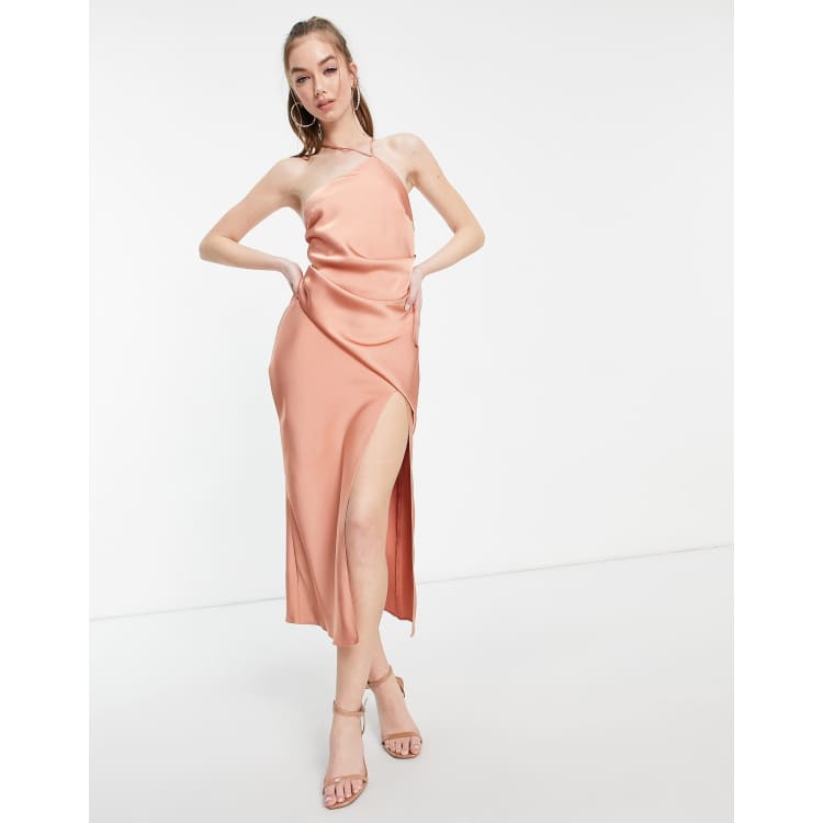 ASOS DESIGN one shoulder satin midi dress with drape bodice detail