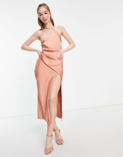 Asos design one shoulder midaxi dress hot sale in satin with drape back