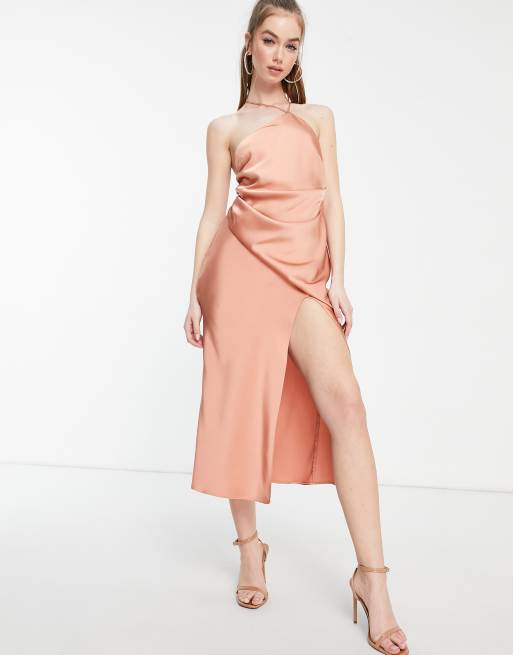 One shoulder clearance satin midi dress