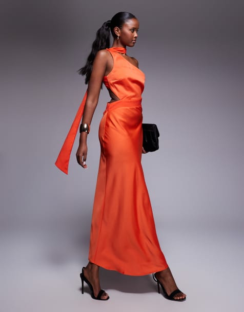 ASOS DESIGN one shoulder satin midi dress with neck sash in burnt orange - view 1
