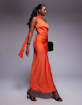 [ASOS DESIGN] ASOS DESIGN one-shoulder satin midi dress with neck sash in burnt orange 12 Orange