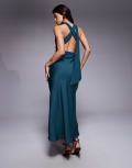 [ASOS DESIGN] ASOS DESIGN one shoulder satin midi dress with neck sash in navy-Blue 14 NAVY
