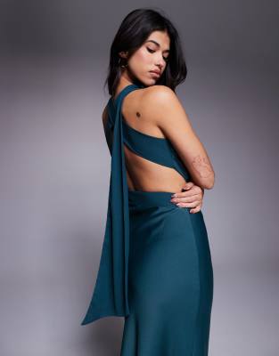 Asos Design One Shoulder Satin Midi Dress With Neck Sash In Blue