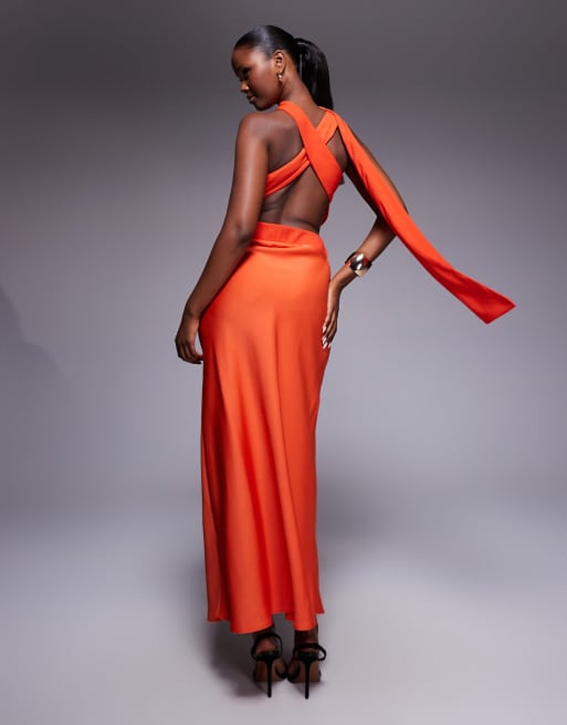 ASOS DESIGN one-shoulder satin midi dress with neck tie in burnt orange