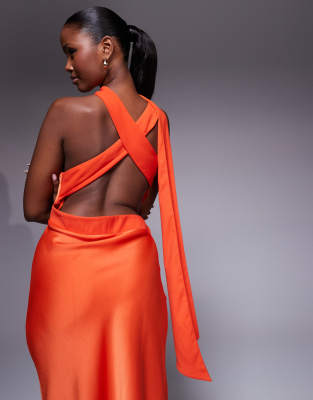 asos orange off the shoulder dress ASOS DESIGN one-shoulder satin midi dress with neck tie in burnt orange