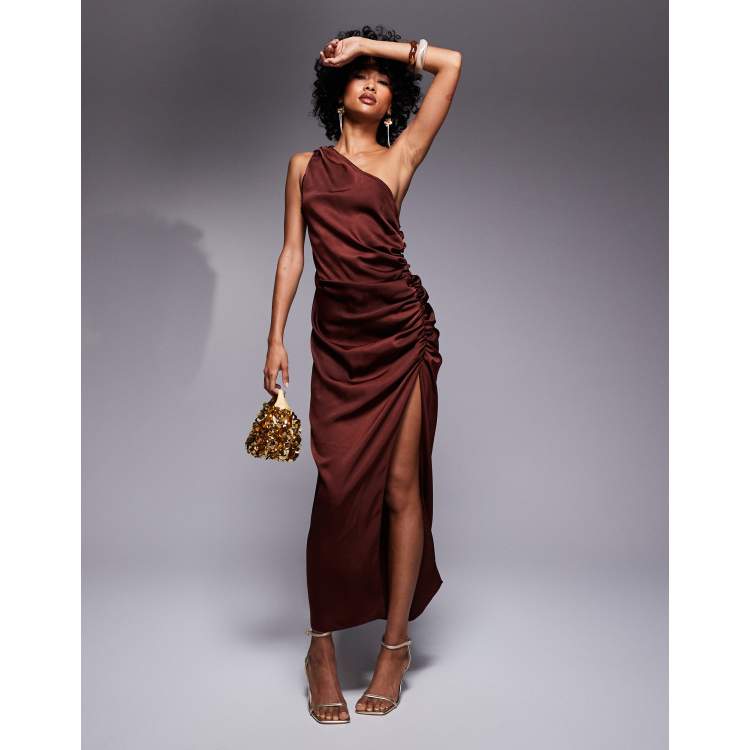 open lace back dress One-Shoulder Brown Midi Dress with Beaded Belt main image 0