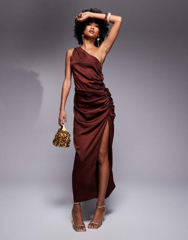 ruched brown midi dress ASOS DESIGN one shoulder satin side in chocolate Luxury Silver Diamond Short 14-May-2023-UK Elevated by an intricate Color:Custom color from color charts