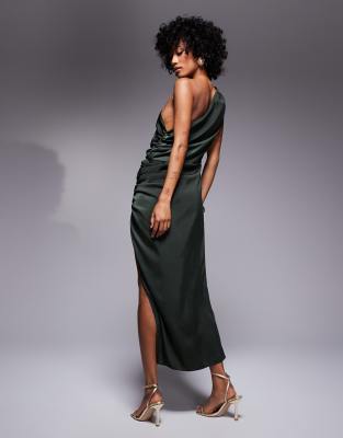 ASOS DESIGN one shoulder satin ruched side midi dress in dark green | ASOS