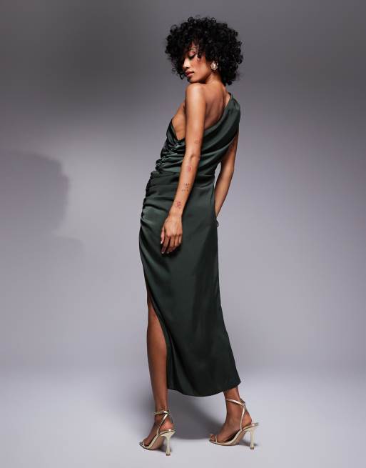 ASOS DESIGN one shoulder satin ruched side midi dress in dark green