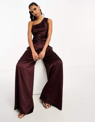 ASOS DESIGN ASOS DESIGN one shoulder satin top co-ord in chocolate-Brown