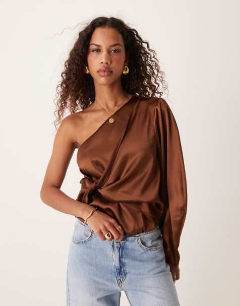 ASOS DESIGN one shoulder satin wrap bodysuit in chocolate brown - view 1