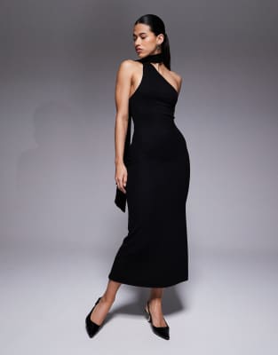 Asos Design One-shoulder Scarf Neck Midi Dress In Black