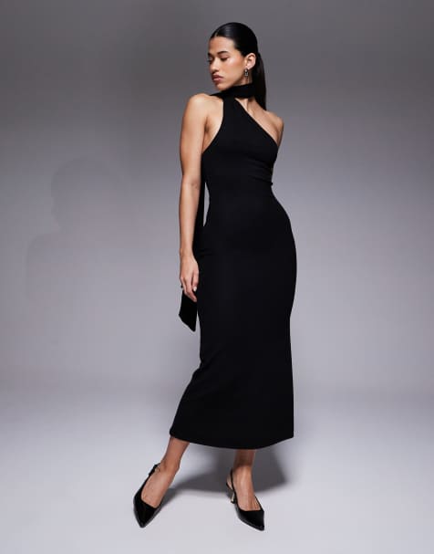 ASOS DESIGN one shoulder scarf neck midi dress in black - view 1