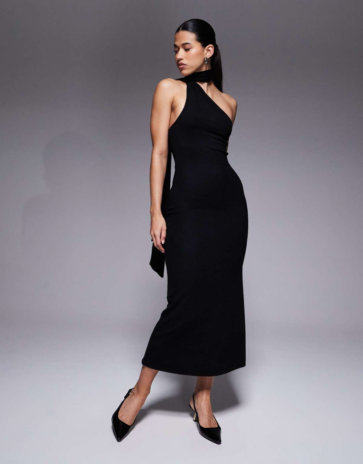 ASOS DESIGN one shoulder scarf neck midi dress in black