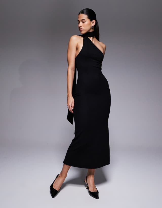ASOS DESIGN one shoulder scarf neck midi dress in black