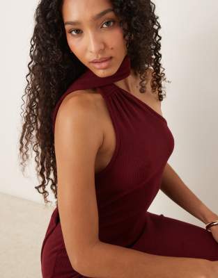Asos Design One-shoulder Scarf Neck Midi Dress In Red
