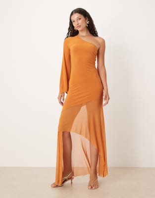 Asos Design One Shoulder Scarf Style Maxi Dress With Sheer Skirt In Orange