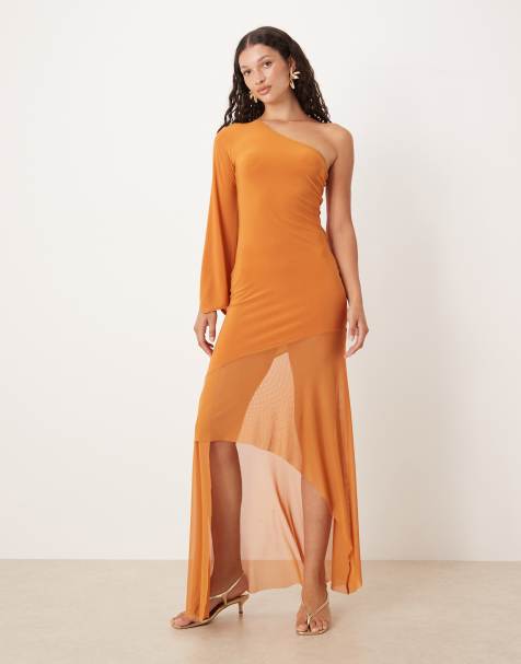 ASOS DESIGN one shoulder scarf style maxi dress with sheer skirt in rust - view 1