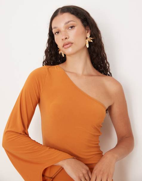 ASOS DESIGN one shoulder scarf style maxi dress with sheer skirt in rust - view 2