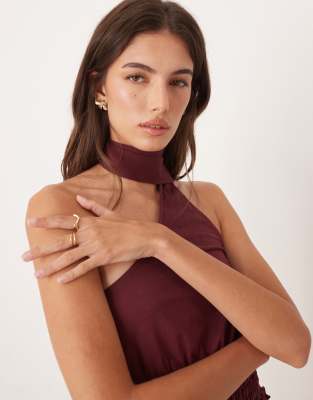 Asos Design One Shoulder Scarf Top With Shirred Waist Detail In Burgundy