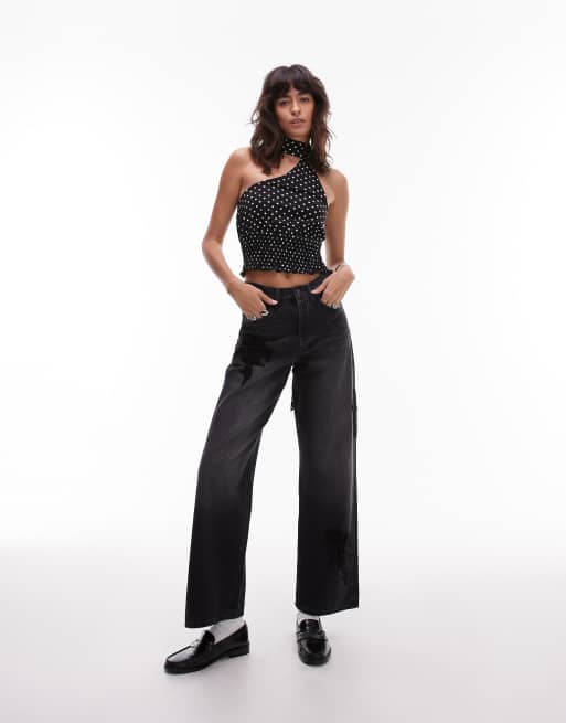 ASOS DESIGN one shoulder scarf top with shirred waist detail in polka dot