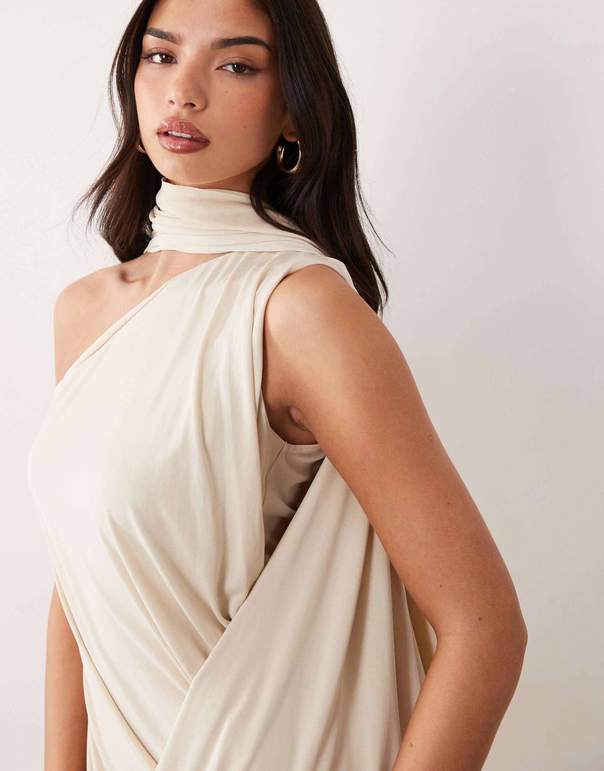 asos design one shoulder scarf wrap dress in cream