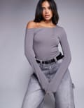 [ASOS DESIGN] ASOS DESIGN one shoulder scoop neck button top in charcoal-Grey S GREY