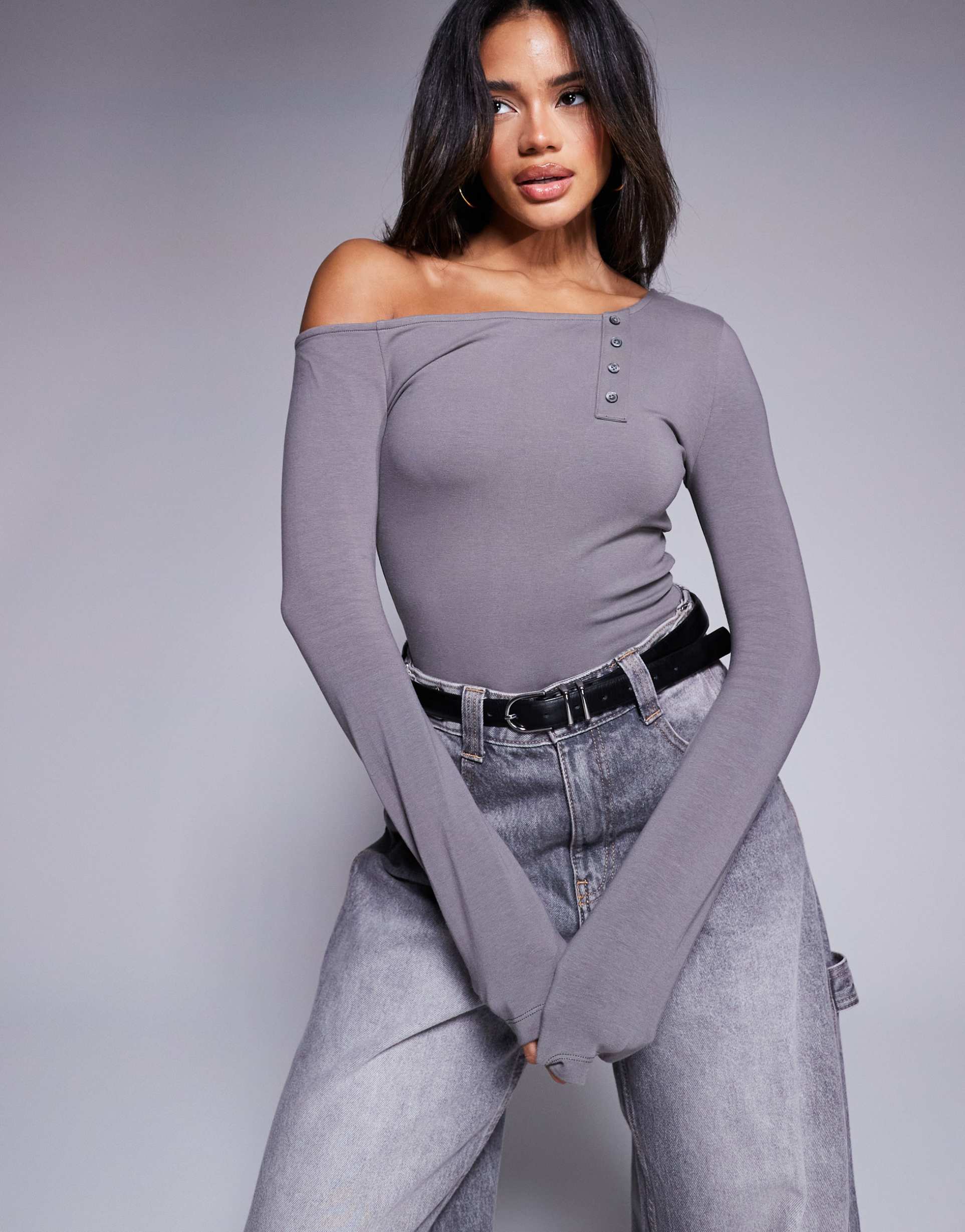 asos design one-shoulder scoop neck button top in charcoal