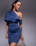 [ASOS DESIGN] ASOS DESIGN one shoulder scuba mini dress with wrap skirt in blue 6 Blue