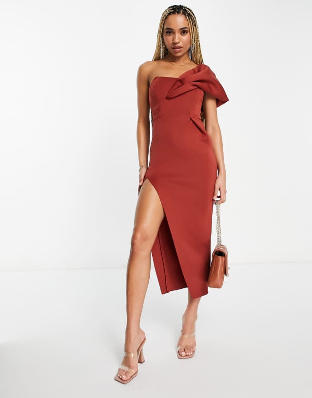 ASOS DESIGN one shoulder seamed bust midi dress with high leg slit in rust