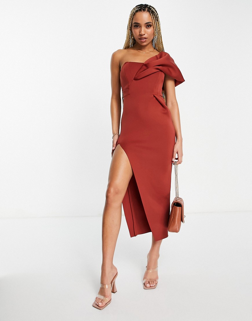 Shop Asos Design One Shoulder Seamed Bust Midi Dress With High Leg Slit In Rust-red
