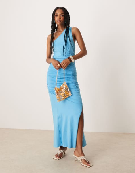 ASOS DESIGN one shoulder seamed ruched maxi dress in blue - view 1