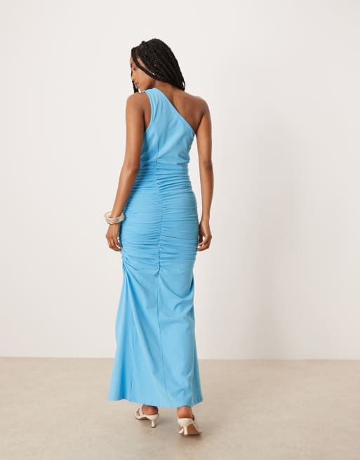 ASOS DESIGN one shoulder seamed ruched maxi dress in blue