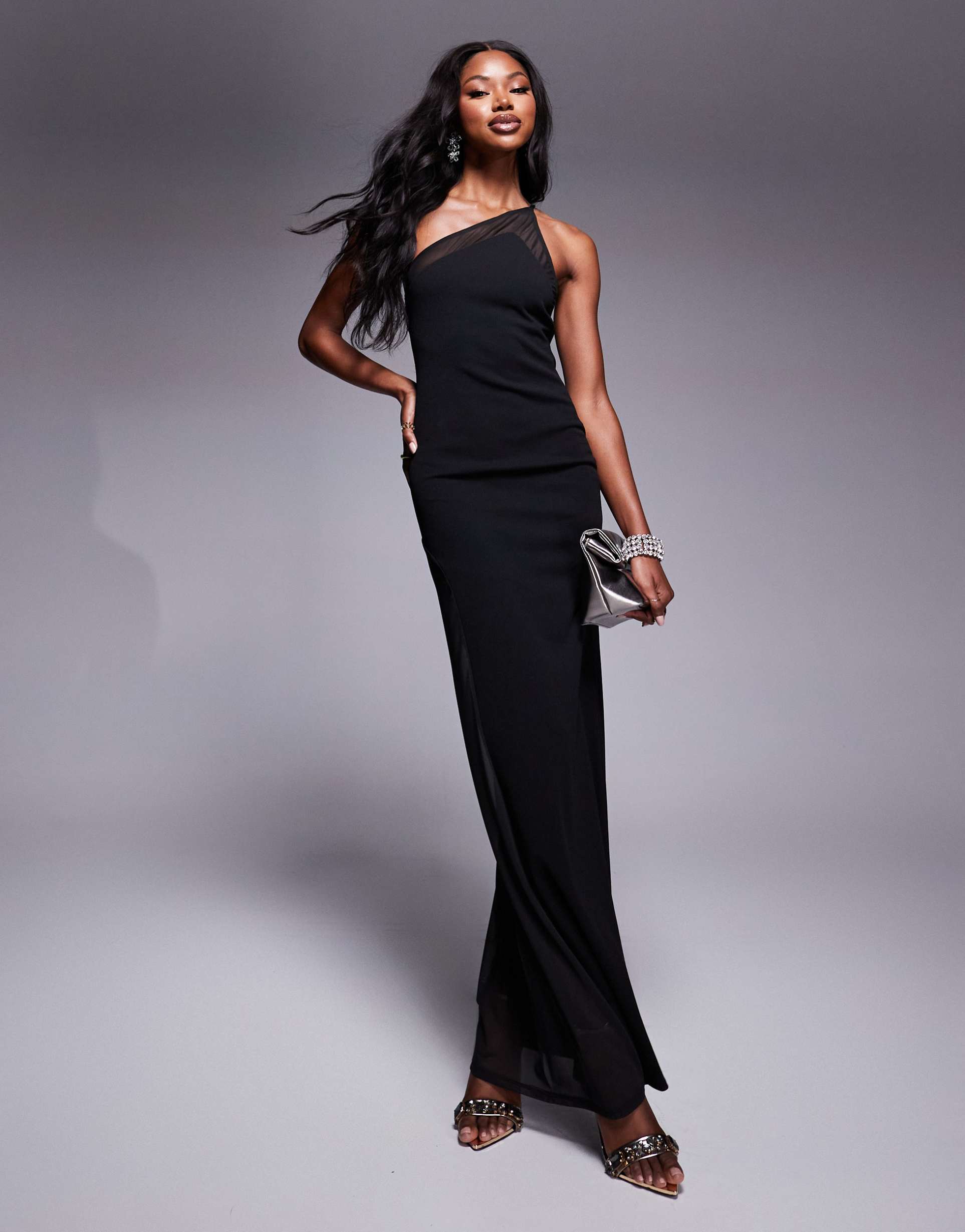 asos design one shoulder sheer mesh panel maxi dress in black in scuba-style fabric