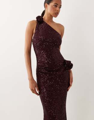 Asos Design One Shoulder Sheet Sequin Midi Dress With Swirled Corsage Details In Red