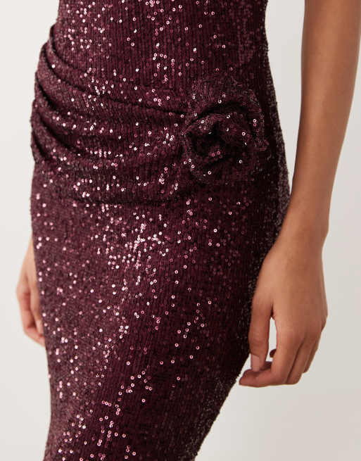 ASOS DESIGN one shoulder sheet sequin midi dress with swirled corsage details in berry, 3 of 4