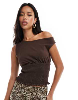 Asos Design One Shoulder Shirred Top In Brown