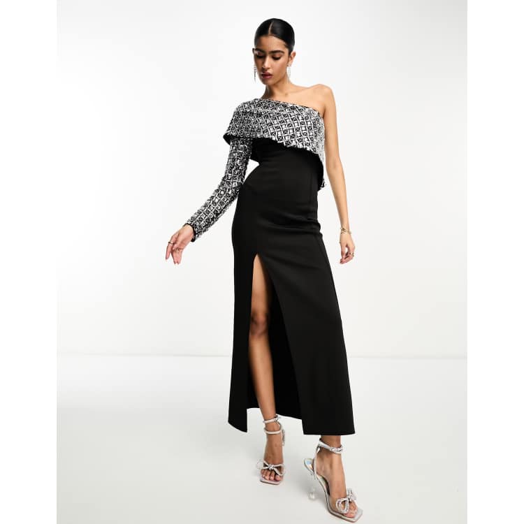 ASOS DESIGN one shoulder silver sequin embellishment maxi dress in black