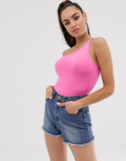 Asos Design One Shoulder Sleeveless Bodysuit In Pink Asos