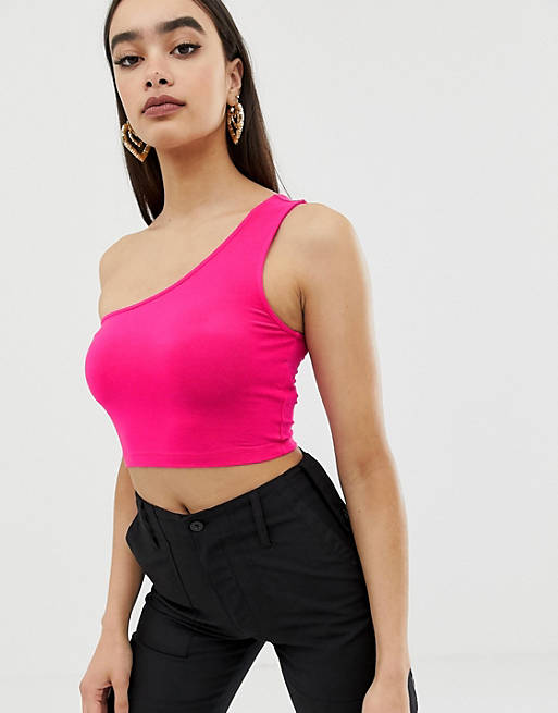 ASOS DESIGN one shoulder sleeveless crop in neon pink |