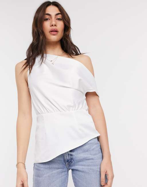 ASOS DESIGN one shoulder sleeveless top in satin in ivory ASOS