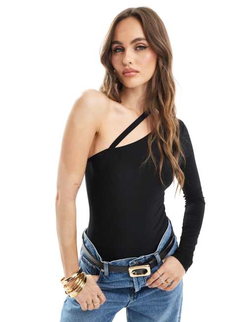 ASOS DESIGN one shoulder slinky bodysuit with strap detail in black