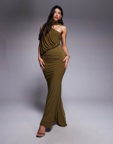 ASOS DESIGN one shoulder slinky drape maxi dress with cape detail in khaki - view 1