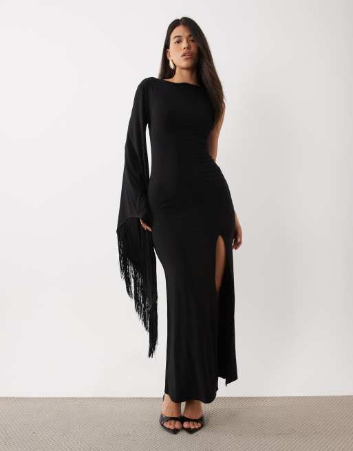 asos black long sleeve dress DESIGN one shoulder slinky maxi with fringe detail and split in black maxi dress full sleeve